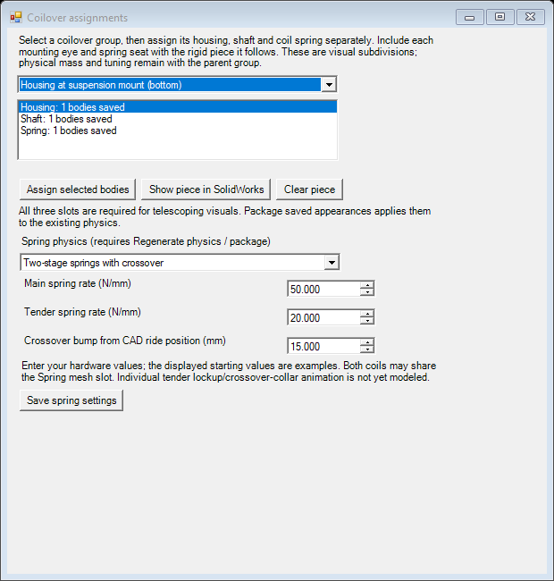 Coilover assignment and optional two-stage controls